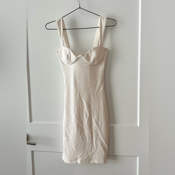 White Ribbed Bodycon Midi Dress with Bustier Detail - Picture 3 of 8